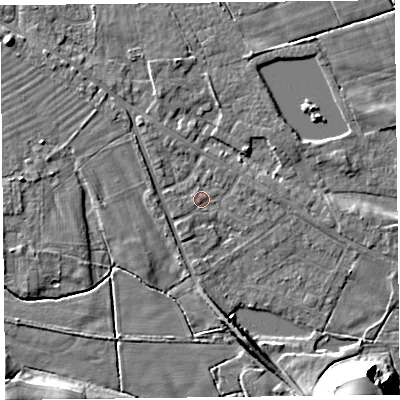 Shaded relief map of the ground around FY60EL, computed from Environment Agency LiDAR. The ground here sits at about 6 m above sea level and falls 23 m across the surrounding 800 m. Surface water reaching this point runs off ground lying to the north-west, 1.8 m higher.