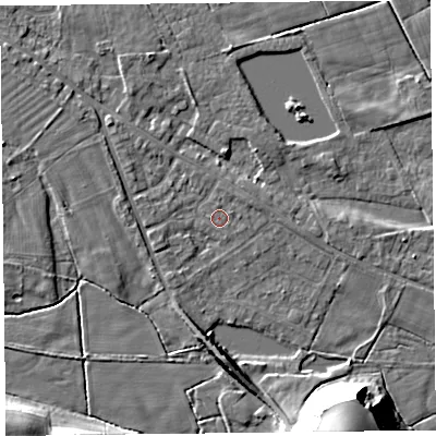 Shaded relief map of the ground around FY60EN, computed from Environment Agency LiDAR. The ground here sits at about 6 m above sea level and falls 24 m across the surrounding 800 m. Surface water reaching this point runs off ground lying to the north, 0.5 m higher.