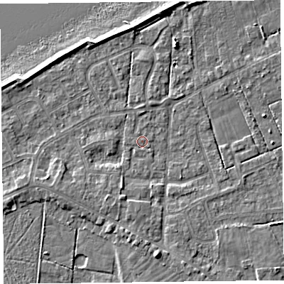 Shaded relief map of the ground around FY60EP, computed from Environment Agency LiDAR. The ground here sits at about 5 m above sea level and falls 7 m across the surrounding 800 m. Surface water reaching this point runs off ground lying to the south, 5.3 m higher.