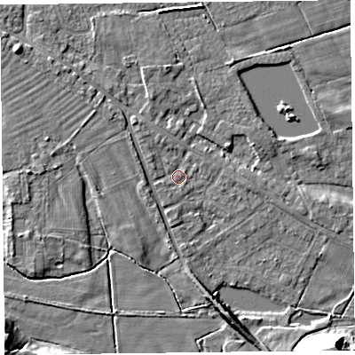 Shaded relief map of the ground around FY60EQ, computed from Environment Agency LiDAR. The ground here sits at about 6 m above sea level and falls 21 m across the surrounding 800 m. Surface water reaching this point runs off ground lying to the north-west, 1.7 m higher.