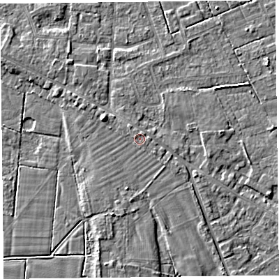 Shaded relief map of the ground around FY60ER, computed from Environment Agency LiDAR. The ground here sits at about 7 m above sea level and falls 6 m across the surrounding 800 m. Surface water reaching this point runs off ground lying to the north-west, 0.7 m higher.
