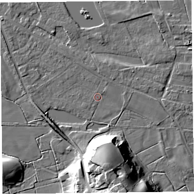 Shaded relief map of the ground around FY60ES, computed from Environment Agency LiDAR. The ground here sits at about 6 m above sea level and falls 26 m across the surrounding 800 m. Surface water reaching this point runs off ground lying to the west-south-west, 6.3 m higher.