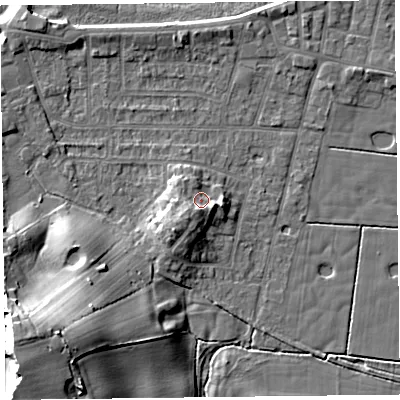 Shaded relief map of the ground around FY60ET, computed from Environment Agency LiDAR. The ground here sits at about 8 m above sea level and falls 12 m across the surrounding 800 m. Surface water reaching this point runs off ground lying to the south, 3.5 m higher.