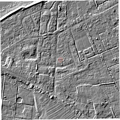 Shaded relief map of the ground around FY60EU, computed from Environment Agency LiDAR. The ground here sits at about 5 m above sea level and falls 7 m across the surrounding 800 m. Surface water reaching this point runs off ground lying to the south-south-west, 5.3 m higher.