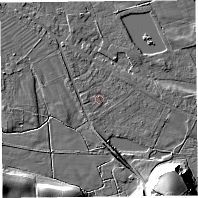 Shaded relief map of the ground around FY60EW, computed from Environment Agency LiDAR. The ground here sits at about 6 m above sea level and falls 25 m across the surrounding 800 m. Surface water reaching this point runs off ground lying to the south-south-east, 6.3 m higher.