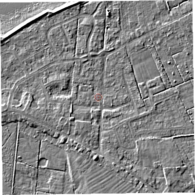 Shaded relief map of the ground around FY60EX, computed from Environment Agency LiDAR. The ground here sits at about 5 m above sea level and falls 7 m across the surrounding 800 m. Surface water reaching this point runs off ground lying to the south, 5.3 m higher.