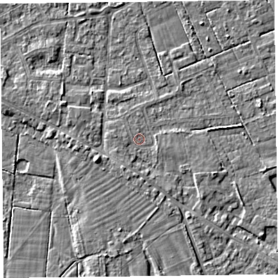 Shaded relief map of the ground around FY60EZ, computed from Environment Agency LiDAR. The ground here sits at about 6 m above sea level and falls 6 m across the surrounding 800 m. Surface water reaching this point runs off ground lying to the south-east, 1.4 m higher.