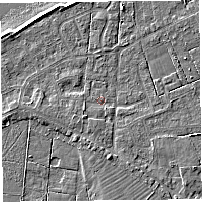 Shaded relief map of the ground around FY60FA, computed from Environment Agency LiDAR. The ground here sits at about 6 m above sea level and falls 7 m across the surrounding 800 m. Surface water reaching this point runs off ground lying to the south-west, 2.3 m higher.