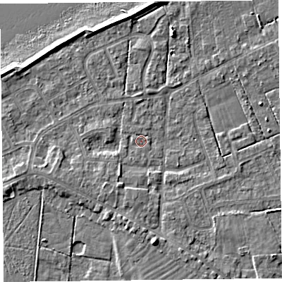 Shaded relief map of the ground around FY60FB, computed from Environment Agency LiDAR. The ground here sits at about 5 m above sea level and falls 7 m across the surrounding 800 m. Surface water reaching this point runs off ground lying to the south-south-west, 2.3 m higher.