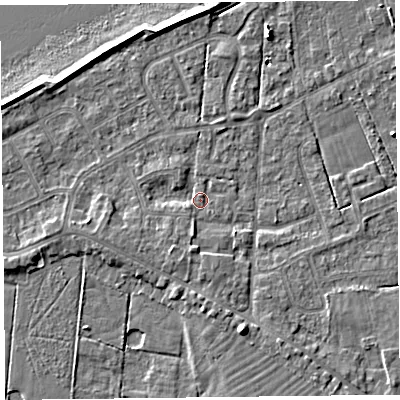 Shaded relief map of the ground around FY60FD, computed from Environment Agency LiDAR. The ground here sits at about 6 m above sea level and falls 7 m across the surrounding 800 m. Surface water reaching this point runs off ground lying to the south, 2.2 m higher.