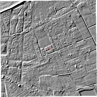 Shaded relief map of the ground around FY60FE, computed from Environment Agency LiDAR. The ground here sits at about 6 m above sea level and falls 7 m across the surrounding 800 m. Surface water reaching this point runs off ground lying to the east-south-east, 0.6 m higher.