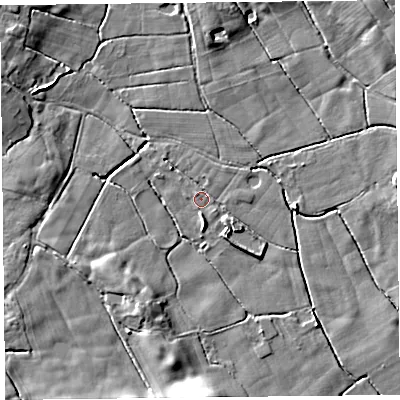 Shaded relief map of the ground around FY60FF, computed from Environment Agency LiDAR. The ground here sits at about 6 m above sea level and falls 8 m across the surrounding 800 m. Surface water reaching this point runs off ground lying to the north-west, 1.8 m higher.