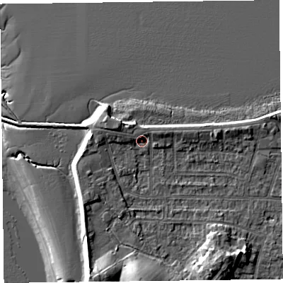Shaded relief map of the ground around FY60FG, computed from Environment Agency LiDAR. The ground here sits at about 6 m above sea level and falls 14 m across the surrounding 800 m. Surface water reaching this point runs off ground lying to the west-north-west, 2.9 m higher.