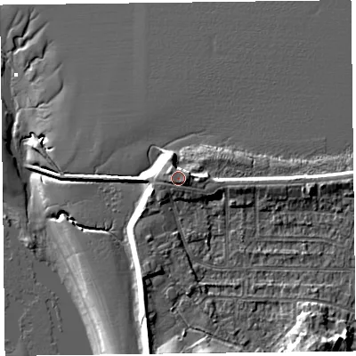 Shaded relief map of the ground around FY60FL, computed from Environment Agency LiDAR. The ground here sits at about 8 m above sea level and falls 14 m across the surrounding 800 m. Surface water reaching this point runs off ground lying to the east-south-east, 1.0 m higher.