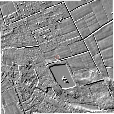 Shaded relief map of the ground around FY60FW, computed from Environment Agency LiDAR. The ground here sits at about 5 m above sea level and falls 4 m across the surrounding 800 m. Surface water reaching this point runs off ground lying to the west-south-west, 2.0 m higher.