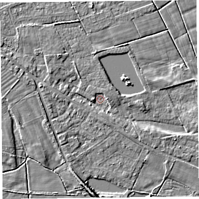 Shaded relief map of the ground around FY60FY, computed from Environment Agency LiDAR. The ground here sits at about 6 m above sea level and falls 7 m across the surrounding 800 m. Surface water reaching this point runs off ground lying to the east, 1.8 m higher.