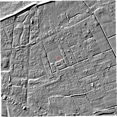 Shaded relief map of the ground around FY60GL, computed from Environment Agency LiDAR. The ground here sits at about 5 m above sea level and falls 7 m across the surrounding 800 m. Surface water reaching this point runs off ground lying to the south-south-west, 1.4 m higher.