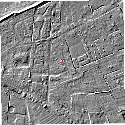 Shaded relief map of the ground around FY60HA, computed from Environment Agency LiDAR. The ground here sits at about 5 m above sea level and falls 7 m across the surrounding 800 m. Surface water reaching this point runs off ground lying to the south-south-west, 5.3 m higher.