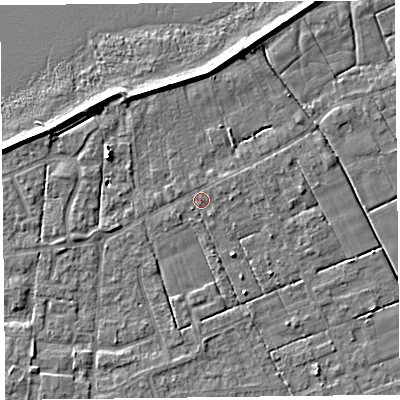 Shaded relief map of the ground around FY60HB, computed from Environment Agency LiDAR. The ground here sits at about 6 m above sea level and falls 6 m across the surrounding 800 m. Surface water reaching this point runs off ground lying to the east-north-east, 0.5 m higher.