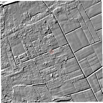 Shaded relief map of the ground around FY60HE, computed from Environment Agency LiDAR. The ground here sits at about 5 m above sea level and falls 5 m across the surrounding 800 m. Surface water reaching this point runs off ground lying to the east-north-east, 1.2 m higher.