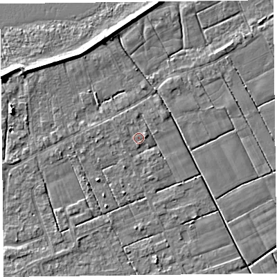 Shaded relief map of the ground around FY60HF, computed from Environment Agency LiDAR. The ground here sits at about 6 m above sea level and falls 6 m across the surrounding 800 m. Surface water reaching this point runs off ground lying to the east-north-east, 1.3 m higher.