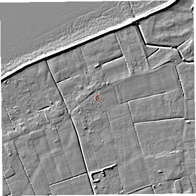 Shaded relief map of the ground around FY60HH, computed from Environment Agency LiDAR. The ground here sits at about 5 m above sea level and falls 5 m across the surrounding 800 m. Surface water reaching this point runs off ground lying to the south-south-west, 1.4 m higher.