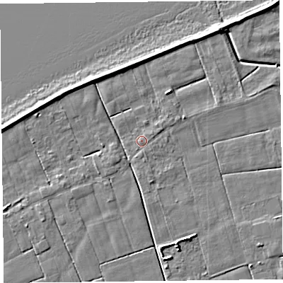 Shaded relief map of the ground around FY60HJ, computed from Environment Agency LiDAR. The ground here sits at about 6 m above sea level and falls 5 m across the surrounding 800 m. Surface water reaching this point runs off ground lying to the east-north-east, 0.8 m higher.