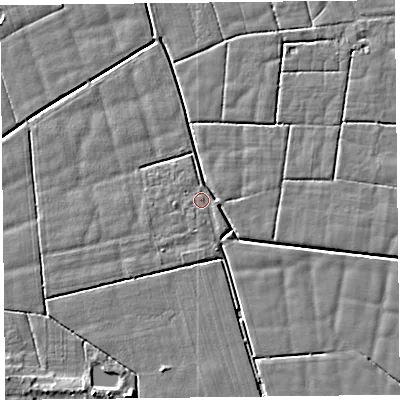 Shaded relief map of the ground around FY60HL, computed from Environment Agency LiDAR. The ground here sits at about 5 m above sea level and falls 4 m across the surrounding 800 m. Surface water reaching this point runs off ground lying to the west, 2.1 m higher.