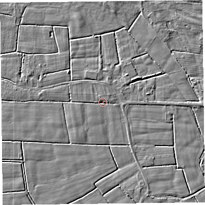Shaded relief map of the ground around FY60HN, computed from Environment Agency LiDAR. The ground here sits at about 5 m above sea level and falls 4 m across the surrounding 800 m. Surface water reaching this point runs off ground lying to the north-east, 2.1 m higher.