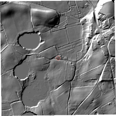 Shaded relief map of the ground around FY60HP, computed from Environment Agency LiDAR. The ground here sits at about 7 m above sea level and falls 27 m across the surrounding 800 m. Surface water reaching this point runs off ground lying to the south, 3.5 m higher.