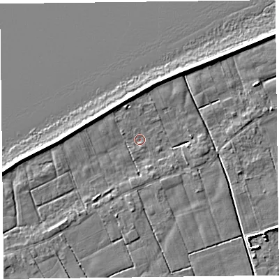 Shaded relief map of the ground around FY60HQ, computed from Environment Agency LiDAR. The ground here sits at about 5 m above sea level and falls 5 m across the surrounding 800 m. Surface water reaching this point runs off ground lying to the north-west, 0.6 m higher.