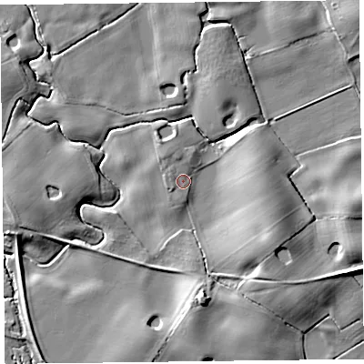 Shaded relief map of the ground around FY60HS, computed from Environment Agency LiDAR. The ground here sits at about 6 m above sea level and falls 10 m across the surrounding 800 m. Surface water reaching this point runs off ground lying to the south, 8.1 m higher.