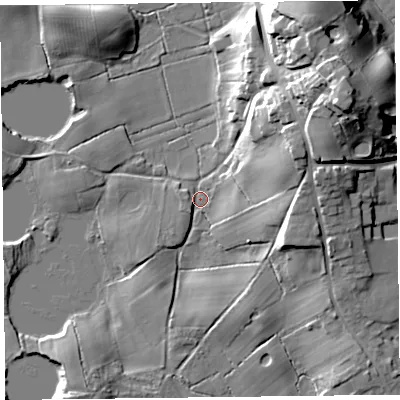 Shaded relief map of the ground around FY60HT, computed from Environment Agency LiDAR. The ground here sits at about 7 m above sea level and falls 27 m across the surrounding 800 m. Surface water reaching this point runs off ground lying to the east-north-east, 19.0 m higher.