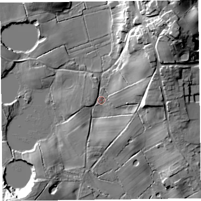 Shaded relief map of the ground around FY60HU, computed from Environment Agency LiDAR. The ground here sits at about 7 m above sea level and falls 27 m across the surrounding 800 m. Surface water reaching this point runs off ground lying to the north-east, 18.6 m higher.