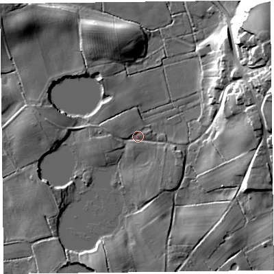 Shaded relief map of the ground around FY60HW, computed from Environment Agency LiDAR. The ground here sits at about 7 m above sea level and falls 26 m across the surrounding 800 m. Surface water reaching this point runs off ground lying to the west, 2.1 m higher.