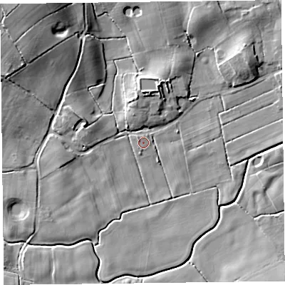 Shaded relief map of the ground around FY60JA, computed from Environment Agency LiDAR. The ground here sits at about 5 m above sea level and falls 18 m across the surrounding 800 m. Surface water reaching this point runs off ground lying to the north-west, 14.8 m higher.