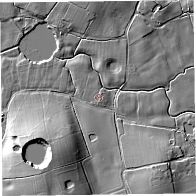 Shaded relief map of the ground around FY60JD, computed from Environment Agency LiDAR. The ground here sits at about 5 m above sea level and falls 18 m across the surrounding 800 m. Surface water reaching this point runs off ground lying to the south-south-east, 1.0 m higher.