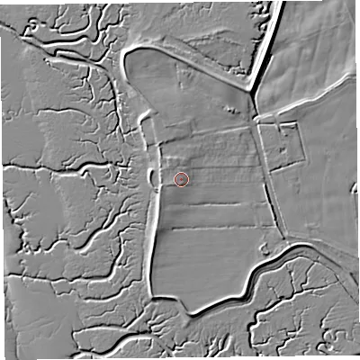 Shaded relief map of the ground around FY60JG, computed from Environment Agency LiDAR. The ground here sits at about 7 m above sea level and falls 6 m across the surrounding 800 m. Surface water reaching this point runs off ground lying to the north-west, 0.6 m higher.