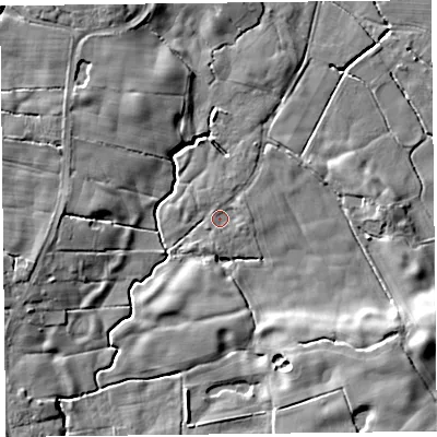 Shaded relief map of the ground around FY60JL, computed from Environment Agency LiDAR. The ground here sits at about 6 m above sea level and falls 9 m across the surrounding 800 m. Surface water reaching this point runs off ground lying to the north-east, 1.2 m higher.