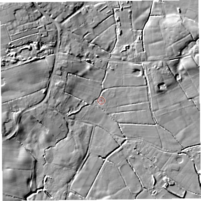 Shaded relief map of the ground around FY60JN, computed from Environment Agency LiDAR. The ground here sits at about 6 m above sea level and falls 12 m across the surrounding 800 m. Surface water reaching this point runs off ground lying to the north-west, 10.1 m higher.