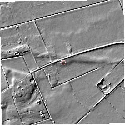 Shaded relief map of the ground around FY60JP, computed from Environment Agency LiDAR. The ground here sits at about 6 m above sea level and falls 4 m across the surrounding 800 m. Surface water reaching this point runs off ground lying to the north-north-east, 1.9 m higher.