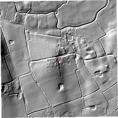 Shaded relief map of the ground around FY60JQ, computed from Environment Agency LiDAR. The ground here sits at about 10 m above sea level and falls 14 m across the surrounding 800 m. Surface water reaching this point runs off ground lying to the south-west, 5.9 m higher.