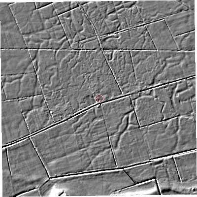 Shaded relief map of the ground around FY60JS, computed from Environment Agency LiDAR. The ground here sits at about 5 m above sea level and falls 7 m across the surrounding 800 m. Surface water reaching this point runs off ground lying to the south, 1.5 m higher.