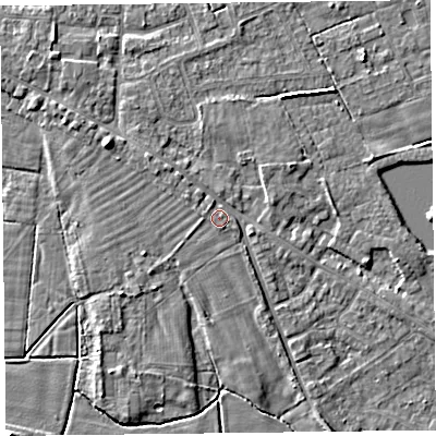 Shaded relief map of the ground around FY60JU, computed from Environment Agency LiDAR. The ground here sits at about 7 m above sea level and falls 6 m across the surrounding 800 m. Surface water reaching this point runs off ground lying to the north-west, 1.2 m higher.