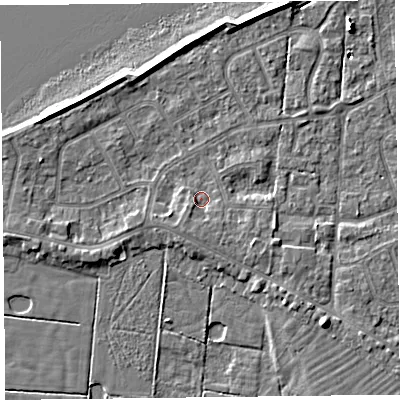 Shaded relief map of the ground around FY60JZ, computed from Environment Agency LiDAR. The ground here sits at about 6 m above sea level and falls 7 m across the surrounding 800 m. Surface water reaching this point runs off ground lying to the south-south-west, 1.5 m higher.