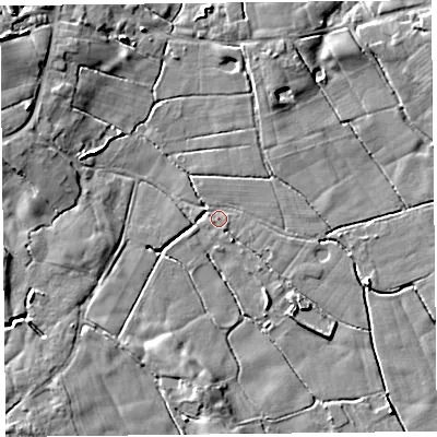 Shaded relief map of the ground around FY60LN, computed from Environment Agency LiDAR. The ground here sits at about 6 m above sea level and falls 10 m across the surrounding 800 m. Surface water reaching this point runs off ground lying to the south-south-east, 1.8 m higher.