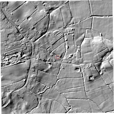 Shaded relief map of the ground around FY60LP, computed from Environment Agency LiDAR. The ground here sits at about 7 m above sea level and falls 14 m across the surrounding 800 m. Surface water reaching this point runs off ground lying to the north-west, 10.6 m higher.
