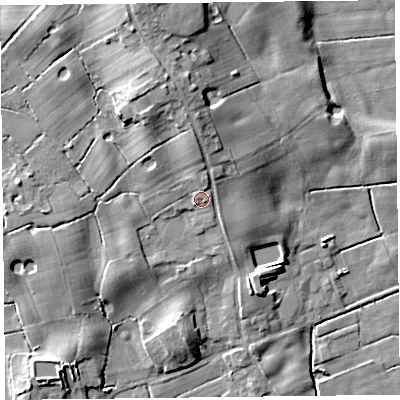 Shaded relief map of the ground around FY60LU, computed from Environment Agency LiDAR. The ground here sits at about 11 m above sea level and falls 13 m across the surrounding 800 m. Surface water reaching this point runs off ground lying to the north, 4.0 m higher.