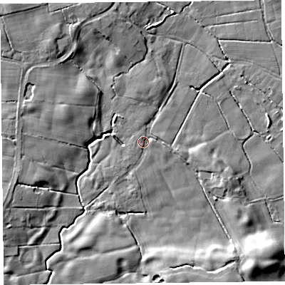 Shaded relief map of the ground around FY60LW, computed from Environment Agency LiDAR. The ground here sits at about 7 m above sea level and falls 9 m across the surrounding 800 m. Surface water reaching this point runs off ground lying to the north-north-west, 1.3 m higher.