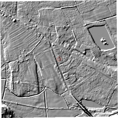 Shaded relief map of the ground around FY60LY, computed from Environment Agency LiDAR. The ground here sits at about 6 m above sea level and falls 11 m across the surrounding 800 m. Surface water reaching this point runs off ground lying to the north-west, 1.7 m higher.